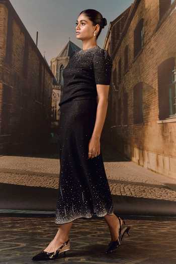 Buy_Maison Aguise_Black Cashmere Round Neck Swarovski Embellished Top And Skirt Co-ord Set _Online_at_Aza_Fashions