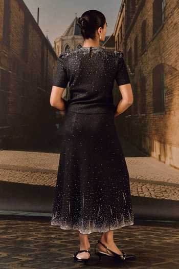 Shop_Maison Aguise_Black Cashmere Round Neck Swarovski Embellished Top And Skirt Co-ord Set _at_Aza_Fashions
