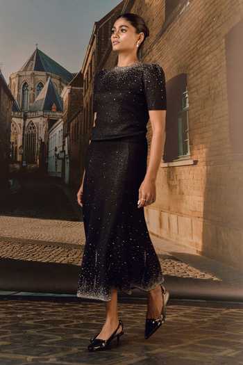 Maison Aguise_Black Cashmere Round Neck Swarovski Embellished Top And Skirt Co-ord Set _at_Aza_Fashions