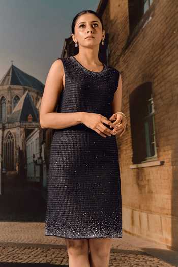 Maison Aguise_Black Knit Scoop Neck Swarovski Embellished Shift Dress _Online_at_Aza_Fashions