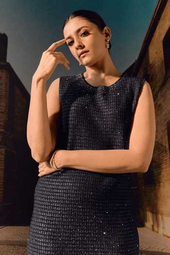 Shop_Maison Aguise_Black Knit Scoop Neck Swarovski Embellished Shift Dress _Online_at_Aza_Fashions
