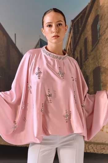 Maison Aguise_Pink Silk Satin Choker Neck Crystal Embellished Kaftan Top _Online_at_Aza_Fashions