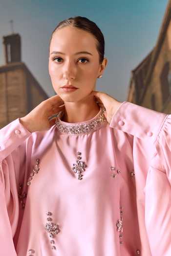 Buy_Maison Aguise_Pink Silk Satin Choker Neck Crystal Embellished Kaftan Top _Online_at_Aza_Fashions