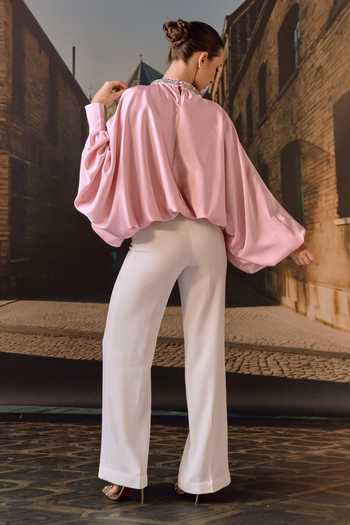 Shop_Maison Aguise_Pink Silk Satin Choker Neck Crystal Embellished Kaftan Top _at_Aza_Fashions