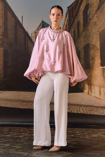 Shop_Maison Aguise_Pink Silk Satin Choker Neck Crystal Embellished Kaftan Top _Online_at_Aza_Fashions