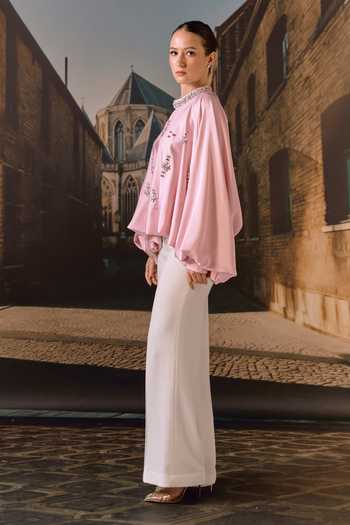 Maison Aguise_Pink Silk Satin Choker Neck Crystal Embellished Kaftan Top _at_Aza_Fashions