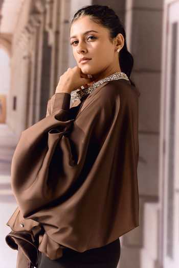 Shop_Maison Aguise_Brown Silk Satin Round Neck Choco Crystal Embellished Kaftan Top _at_Aza_Fashions