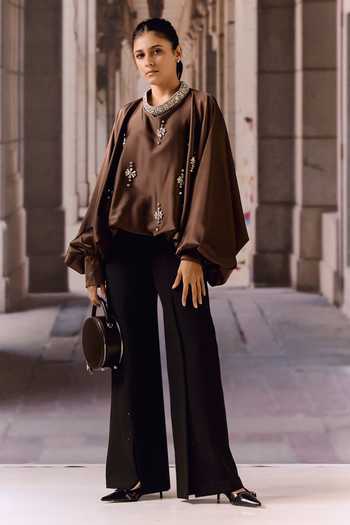 Maison Aguise_Brown Silk Satin Round Neck Choco Crystal Embellished Kaftan Top _Online_at_Aza_Fashions