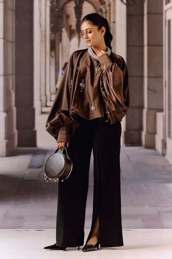 Shop_Maison Aguise_Brown Silk Satin Round Neck Choco Crystal Embellished Kaftan Top _Online_at_Aza_Fashions
