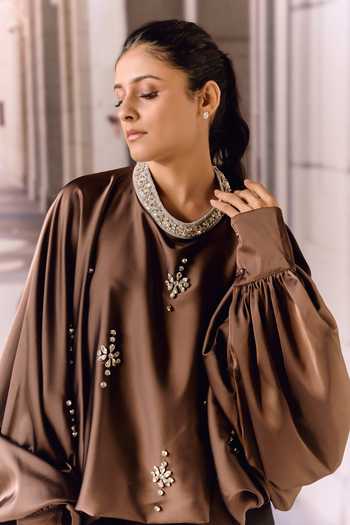 Maison Aguise_Brown Silk Satin Round Neck Choco Crystal Embellished Kaftan Top _at_Aza_Fashions