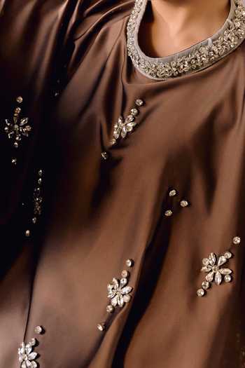 Buy_Maison Aguise_Brown Silk Satin Round Neck Choco Crystal Embellished Kaftan Top 