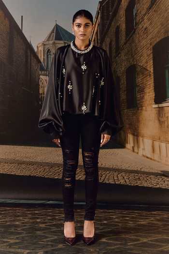 Maison Aguise_Black Silk Satin Choker Neck Crystal Embellished Kaftan Top _Online_at_Aza_Fashions