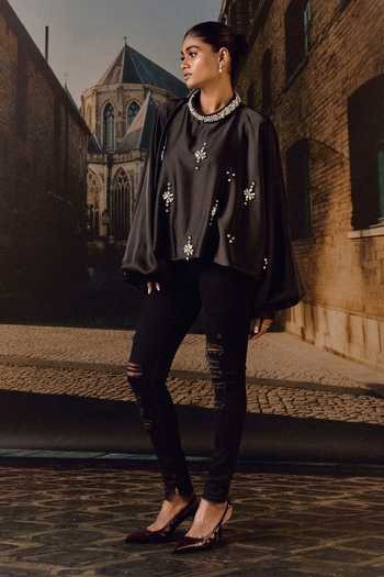 Buy_Maison Aguise_Black Silk Satin Choker Neck Crystal Embellished Kaftan Top _Online_at_Aza_Fashions