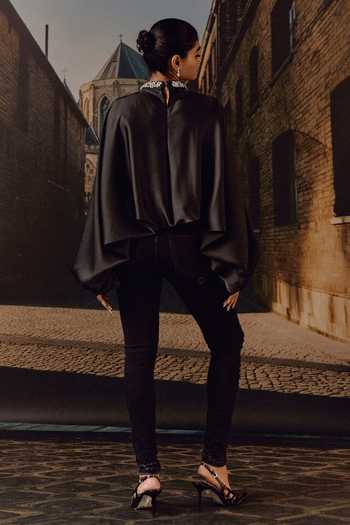 Shop_Maison Aguise_Black Silk Satin Choker Neck Crystal Embellished Kaftan Top _at_Aza_Fashions