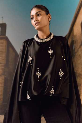 Shop_Maison Aguise_Black Silk Satin Choker Neck Crystal Embellished Kaftan Top _Online_at_Aza_Fashions