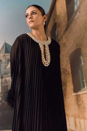 Maison Aguise_Black Georgette Keyhole Neck Crystal And Ostrich Feather Detailed Pleated Kaftan _Online_at_Aza_Fashions