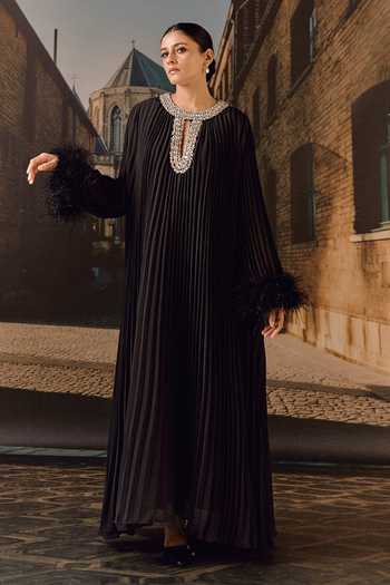 Buy_Maison Aguise_Black Georgette Keyhole Neck Crystal And Ostrich Feather Detailed Pleated Kaftan _Online_at_Aza_Fashions