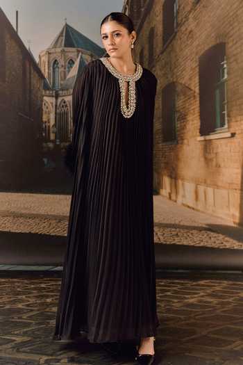 Shop_Maison Aguise_Black Georgette Keyhole Neck Crystal And Ostrich Feather Detailed Pleated Kaftan _at_Aza_Fashions