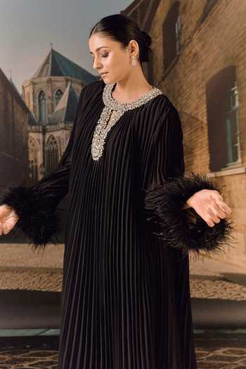 Shop_Maison Aguise_Black Georgette Keyhole Neck Crystal And Ostrich Feather Detailed Pleated Kaftan _Online_at_Aza_Fashions