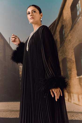 Maison Aguise_Black Georgette Keyhole Neck Crystal And Ostrich Feather Detailed Pleated Kaftan _at_Aza_Fashions