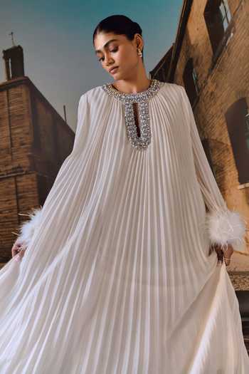 Maison Aguise_Ivory Georgette Keyhole Neck Ostrich Feather Detailed Pleated Kaftan _Online_at_Aza_Fashions