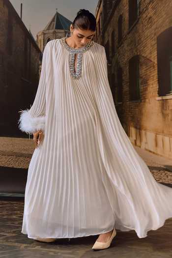 Shop_Maison Aguise_Ivory Georgette Keyhole Neck Ostrich Feather Detailed Pleated Kaftan _Online_at_Aza_Fashions