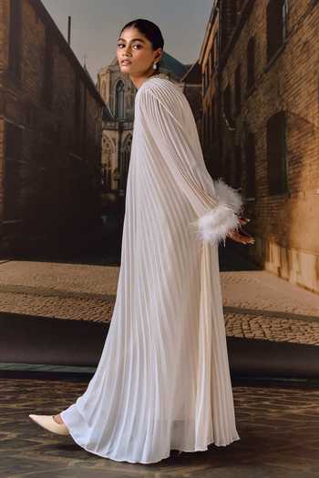 Shop_Maison Aguise_Ivory Georgette Keyhole Neck Ostrich Feather Detailed Pleated Kaftan _at_Aza_Fashions