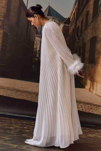 Maison Aguise_Ivory Georgette Keyhole Neck Ostrich Feather Detailed Pleated Kaftan _at_Aza_Fashions