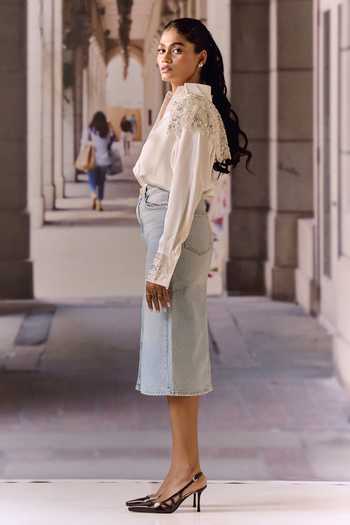 Maison Aguise_White Crepe, Satin Collared Neck Bugle Bead Embellished Shirt _Online_at_Aza_Fashions