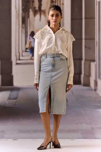 Buy_Maison Aguise_White Crepe, Satin Collared Neck Bugle Bead Embellished Shirt _Online_at_Aza_Fashions