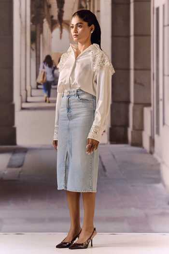 Shop_Maison Aguise_White Crepe, Satin Collared Neck Bugle Bead Embellished Shirt _Online_at_Aza_Fashions