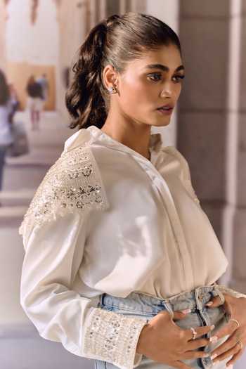 Maison Aguise_White Crepe, Satin Collared Neck Bugle Bead Embellished Shirt _at_Aza_Fashions