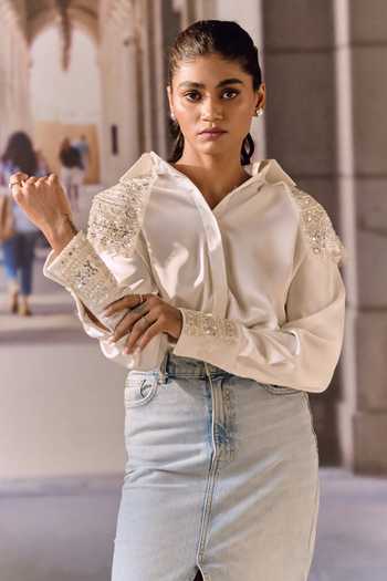 Buy_Maison Aguise_White Crepe, Satin Collared Neck Bugle Bead Embellished Shirt _at_Aza_Fashions