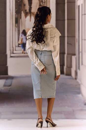 Shop_Maison Aguise_White Crepe, Satin Collared Neck Bugle Bead Embellished Shirt _at_Aza_Fashions