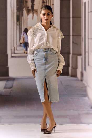 Buy_Maison Aguise_White Crepe, Satin Collared Neck Bugle Bead Embellished Shirt 