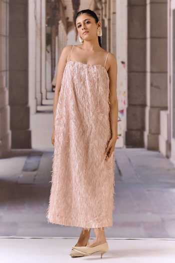 Shop_Maison Aguise_Pink Knit Square Neck Textured Dress _at_Aza_Fashions
