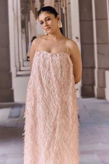 Maison Aguise_Pink Knit Square Neck Textured Dress _Online_at_Aza_Fashions