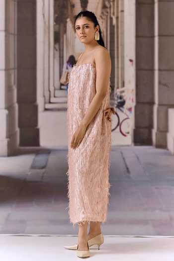 Buy_Maison Aguise_Pink Knit Square Neck Textured Dress _Online_at_Aza_Fashions