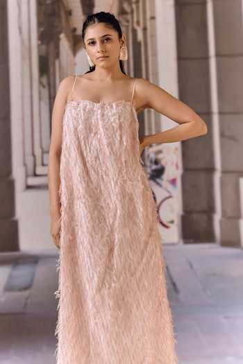 Shop_Maison Aguise_Pink Knit Square Neck Textured Dress _Online_at_Aza_Fashions