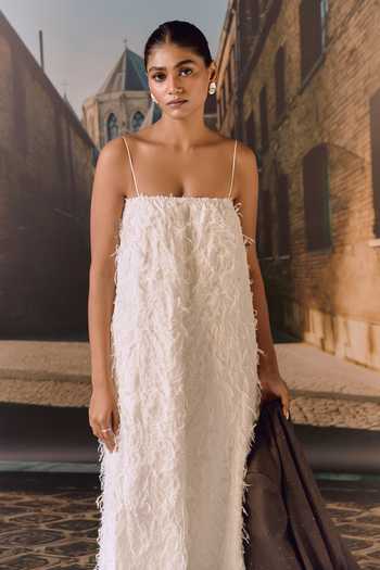 Maison Aguise_White Knit Square Neck Textured Dress _Online_at_Aza_Fashions