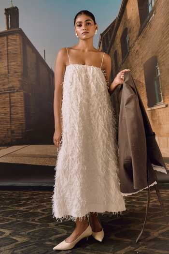 Buy_Maison Aguise_White Knit Square Neck Textured Dress _at_Aza_Fashions