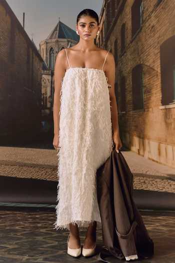 Buy_Maison Aguise_White Knit Square Neck Textured Dress _Online_at_Aza_Fashions