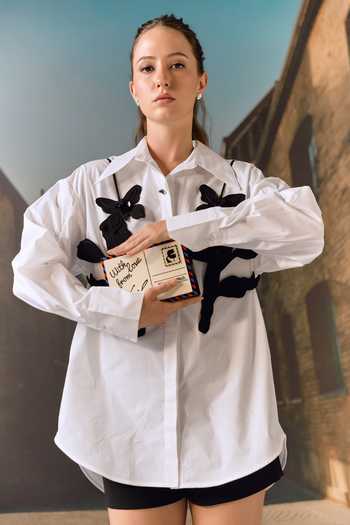 Buy_Maison Aguise_White Cotton, Leather Collared Neck Cut-out Bib Shirt _at_Aza_Fashions
