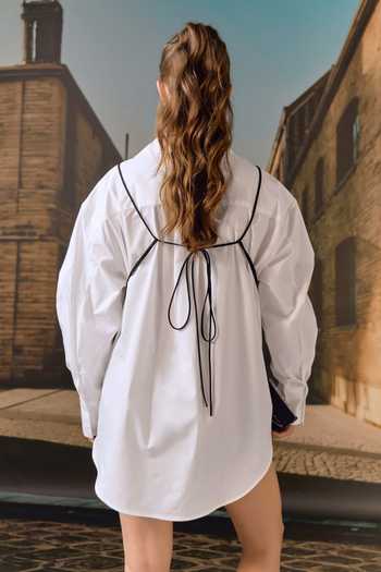 Maison Aguise_White Cotton, Leather Collared Neck Cut-out Bib Shirt _Online_at_Aza_Fashions