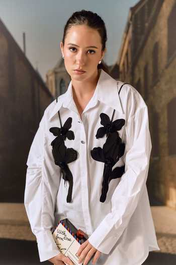 Buy_Maison Aguise_White Cotton, Leather Collared Neck Cut-out Bib Shirt _Online_at_Aza_Fashions