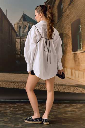 Shop_Maison Aguise_White Cotton, Leather Collared Neck Cut-out Bib Shirt _at_Aza_Fashions