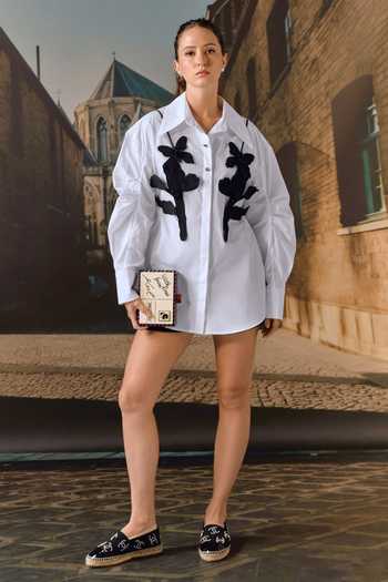 Buy_Maison Aguise_Sky Blue Cotton, Leather Collared Neck Cut-out Bib Shirt _Online_at_Aza_Fashions