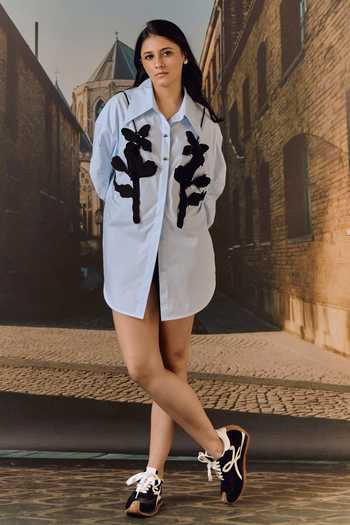 Shop_Maison Aguise_Sky Blue Cotton, Leather Collared Neck Cut-out Bib Shirt _Online_at_Aza_Fashions