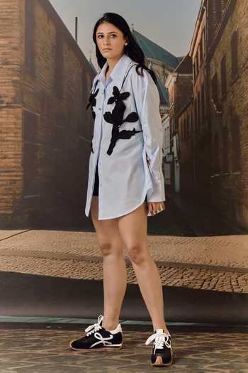 Maison Aguise_Sky Blue Cotton, Leather Collared Neck Cut-out Bib Shirt _at_Aza_Fashions