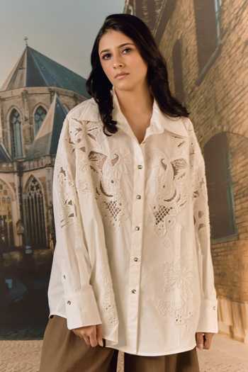 Buy_Maison Aguise_White Cotton Collared Neck Beaded Cutwork Embroidered Shirt _at_Aza_Fashions